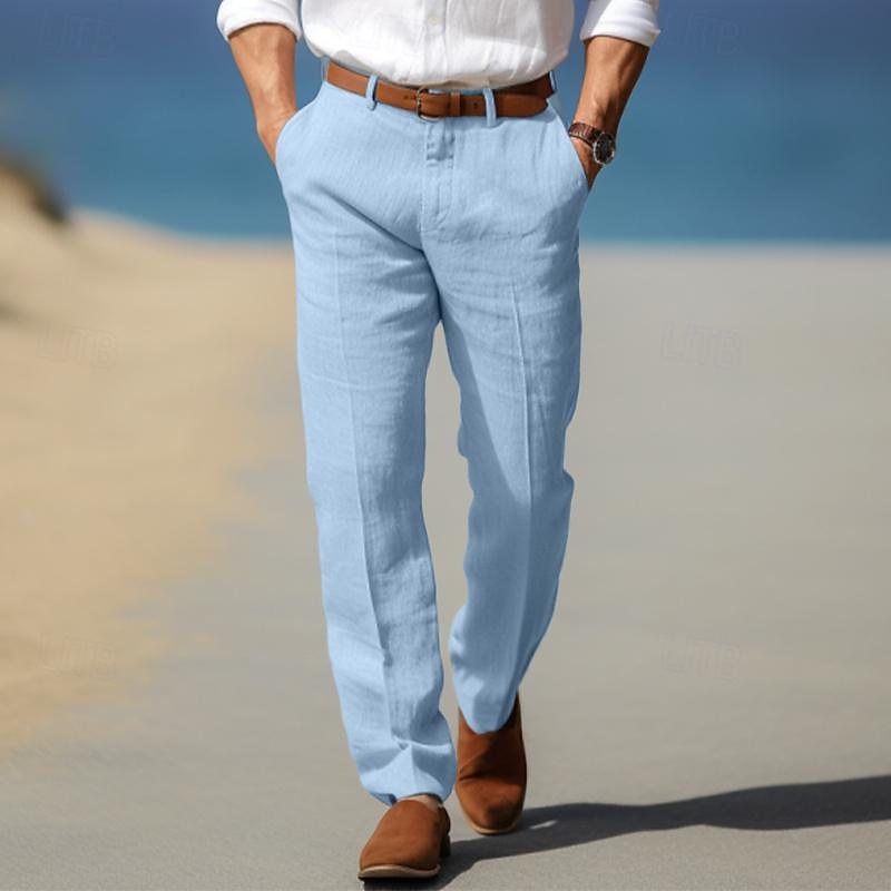 Sebastian belt loop straight leg trousers in light blue, walking on beach