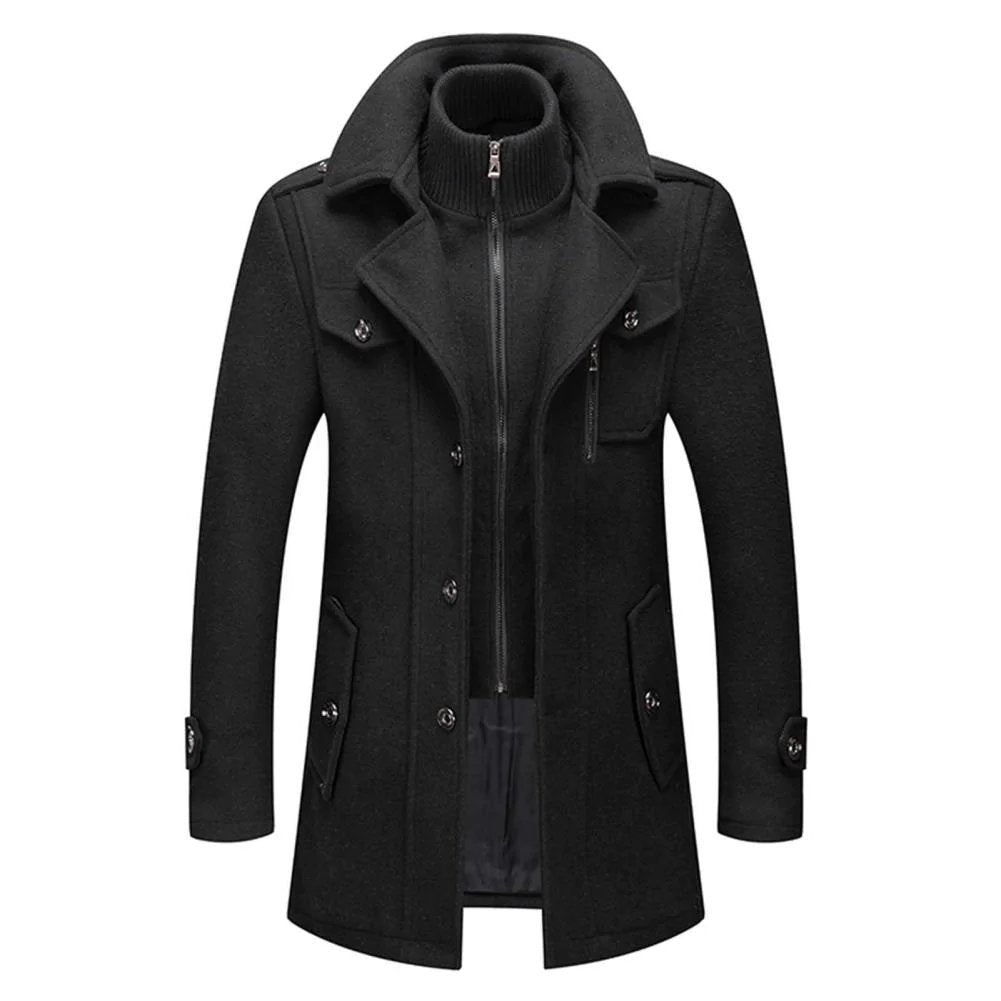 Sebastian double collar overcoat in black, front view with zip mock neck open