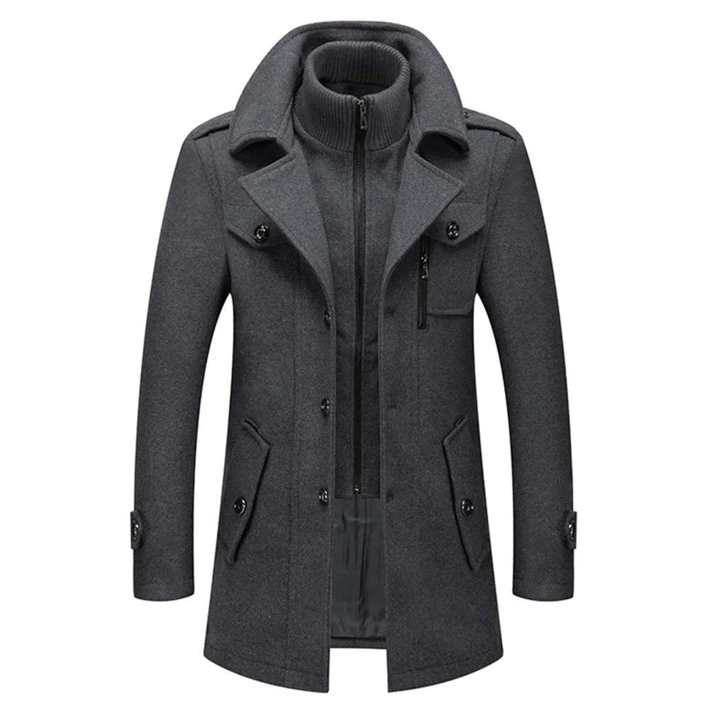 Sebastian double collar overcoat in charcoal gray, front view