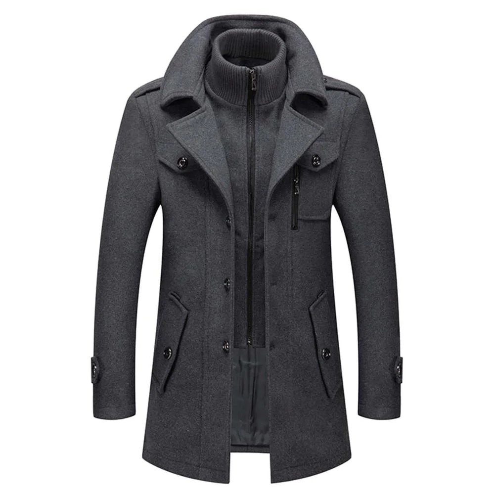 Sebastian double collar overcoat in charcoal gray, front view