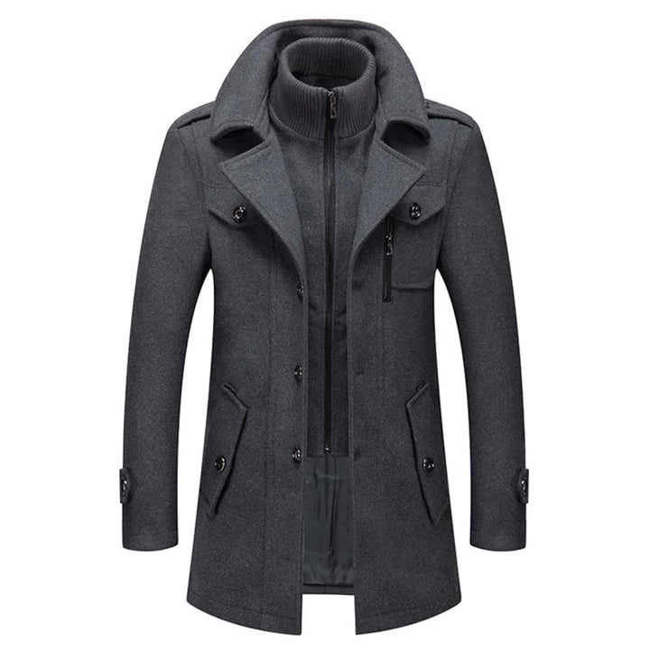 Sebastian double collar overcoat in charcoal gray, front view