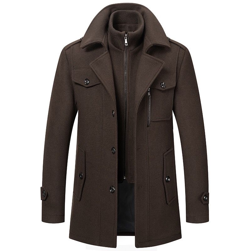 Sebastian double collar overcoat in dark brown, front view buttoned closed