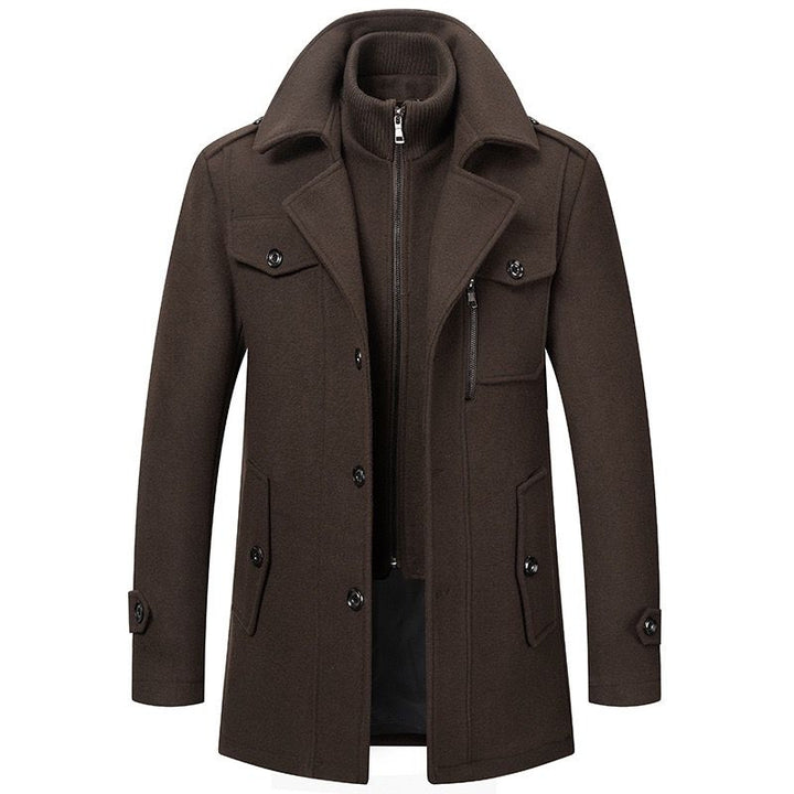 Sebastian double collar overcoat in dark brown, front view buttoned closed