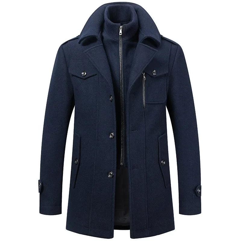 Sebastian double collar overcoat in navy blue, front view