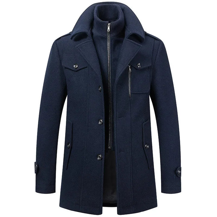Sebastian double collar overcoat in navy blue, front view