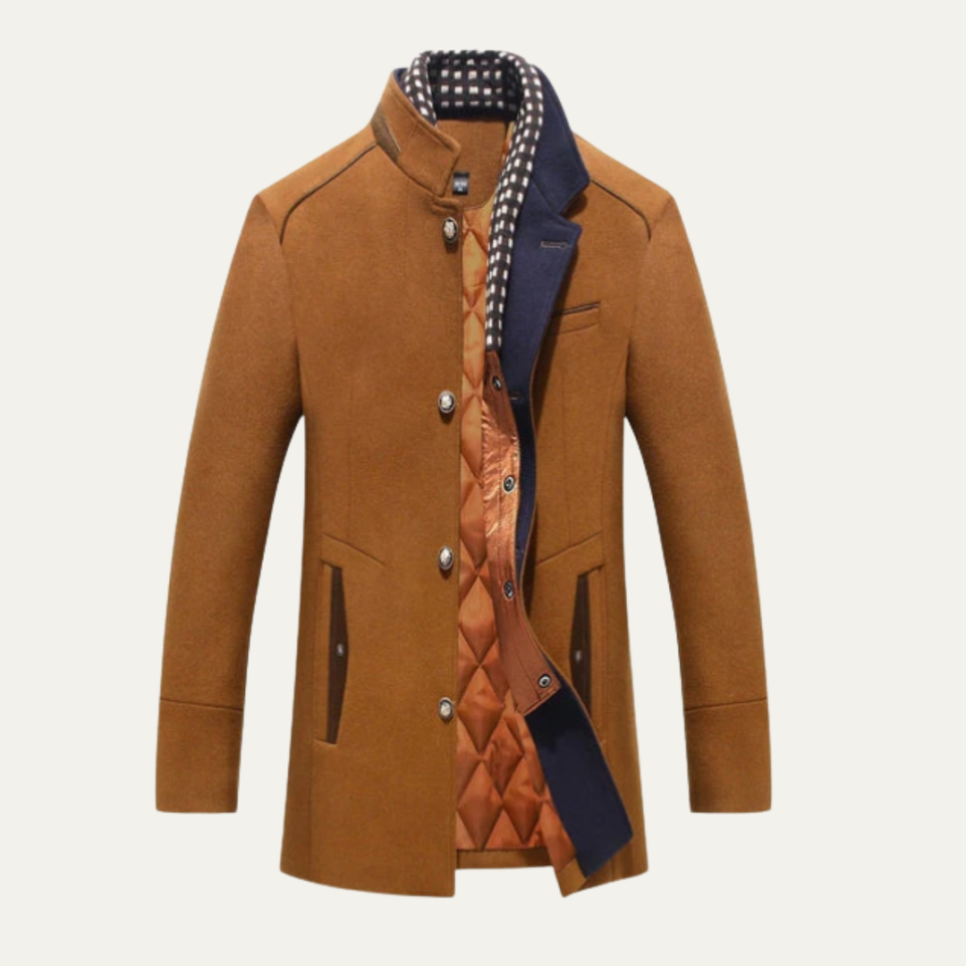 Sterling camel stand collar wool coat with quilted lining, front view open