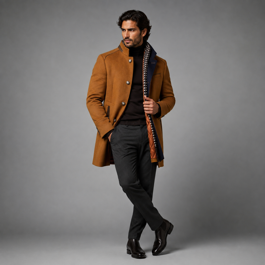 Man wearing Sterling camel wool coat over black turtleneck, full outfit