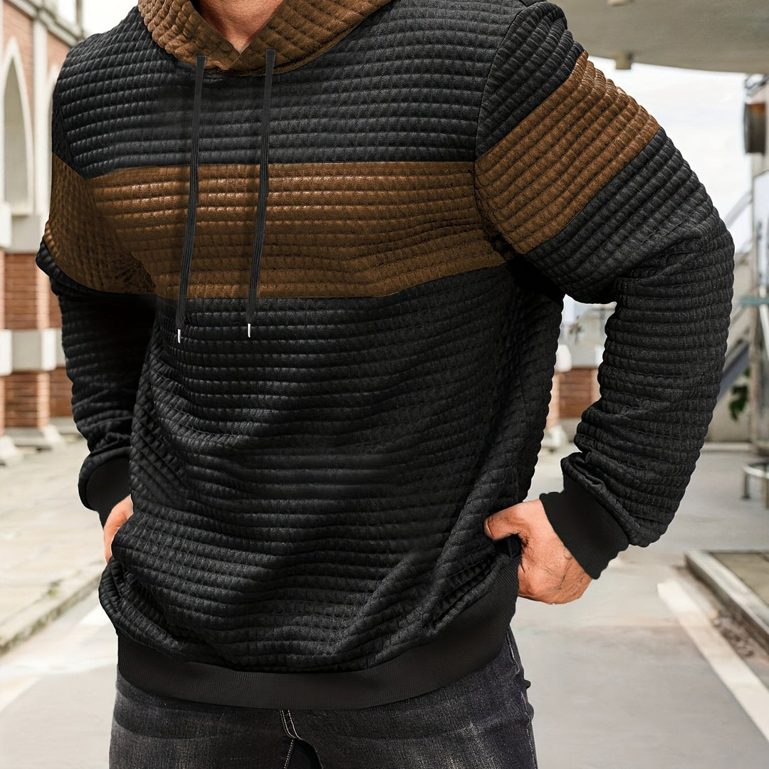Tobias textured colorblock pullover hoodie in medium grey and black, flat front view
