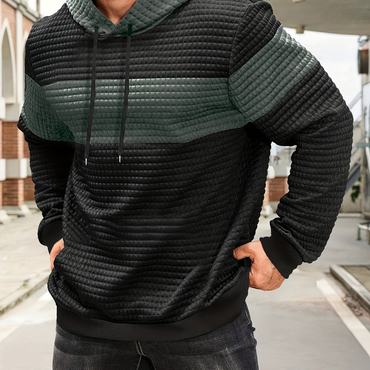 Tobias textured colorblock pullover hoodie in coffee brown and black, flat back view