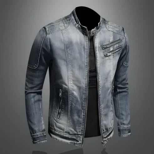 Weston distressed denim biker jacket with stand collar, front view