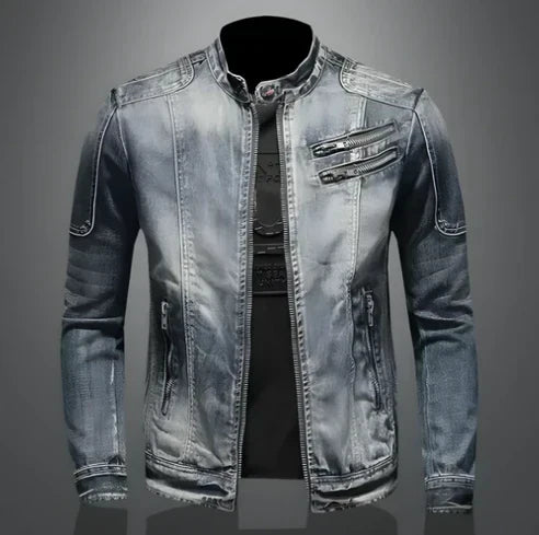 Weston zip-front denim jacket with zippered chest pocket, close front view