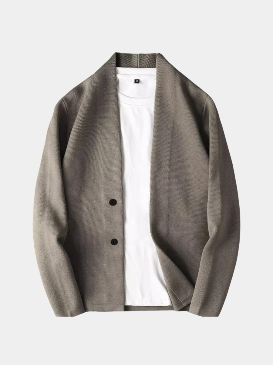 Weston shawl collar knit cardigan in taupe, front view over white t-shirt