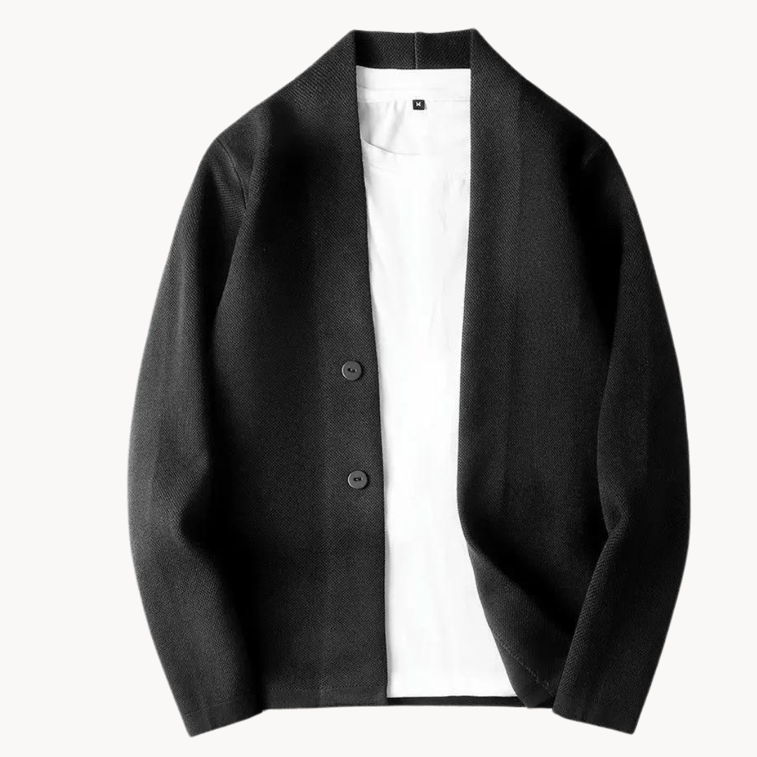 Weston shawl collar knit cardigan in black, front view over white t-shirt