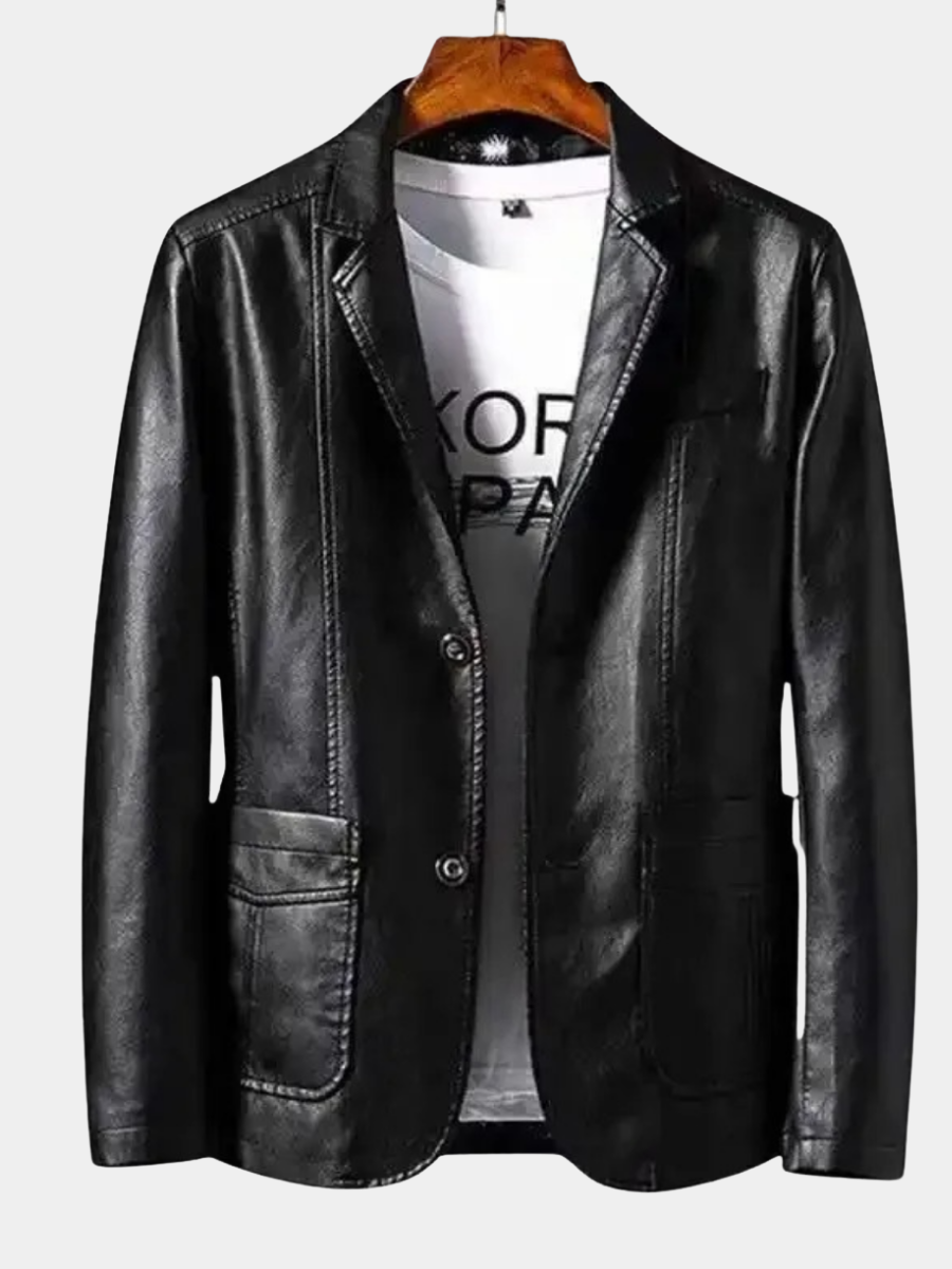 Black leather blazer on wooden hanger, front view with notch lapel and two-button closure