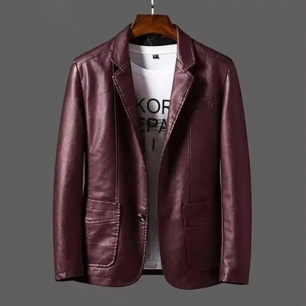 Burgundy leather blazer front view with notch lapel and single-button closure