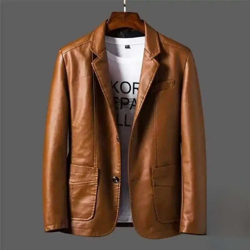 Brown leather blazer front view with structured front pockets