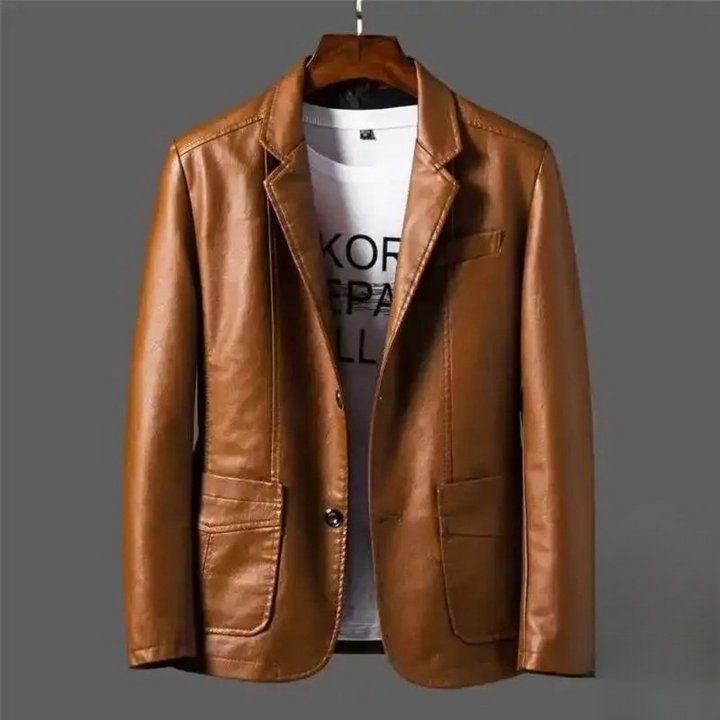 Brown leather blazer front view with structured front pockets