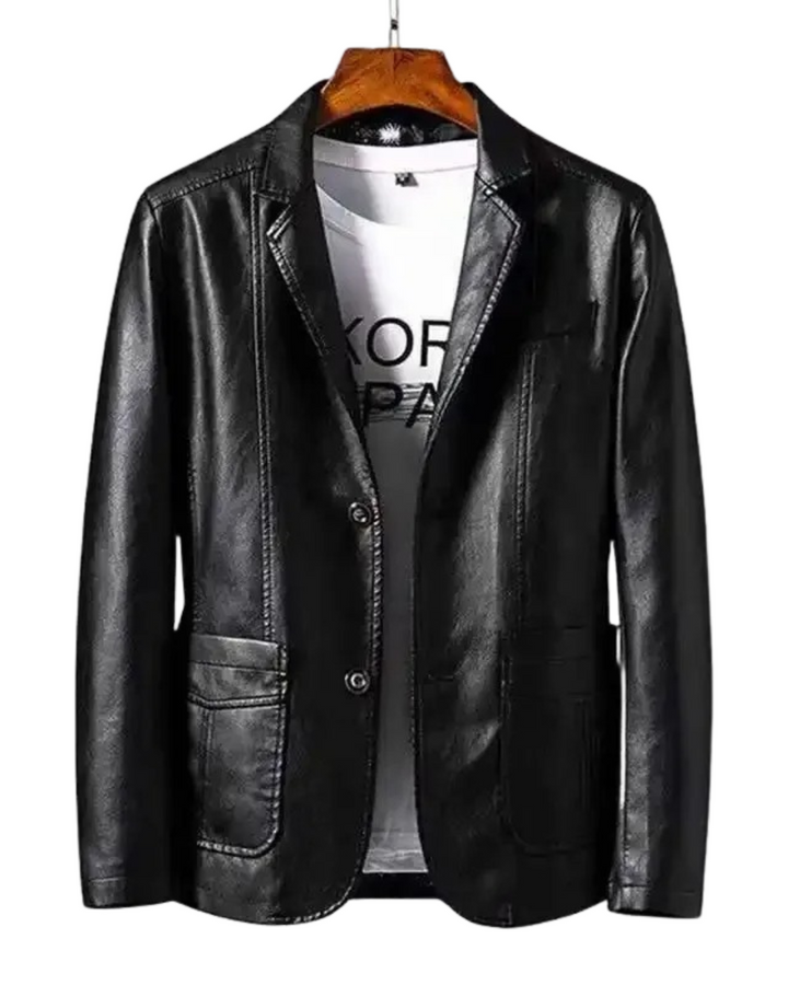 Black leather blazer alternate front view on hanger