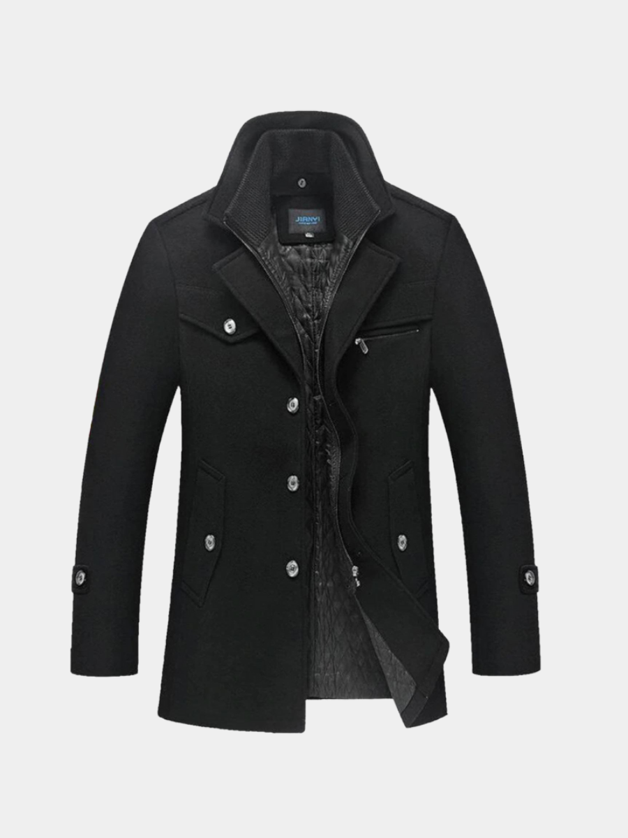 Weston black peacoat front view with zip and buttons open, showing quilted lining