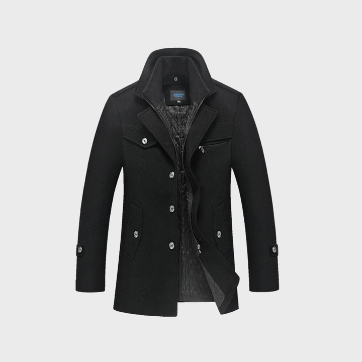 Weston black peacoat front view, buttoned with stand collar