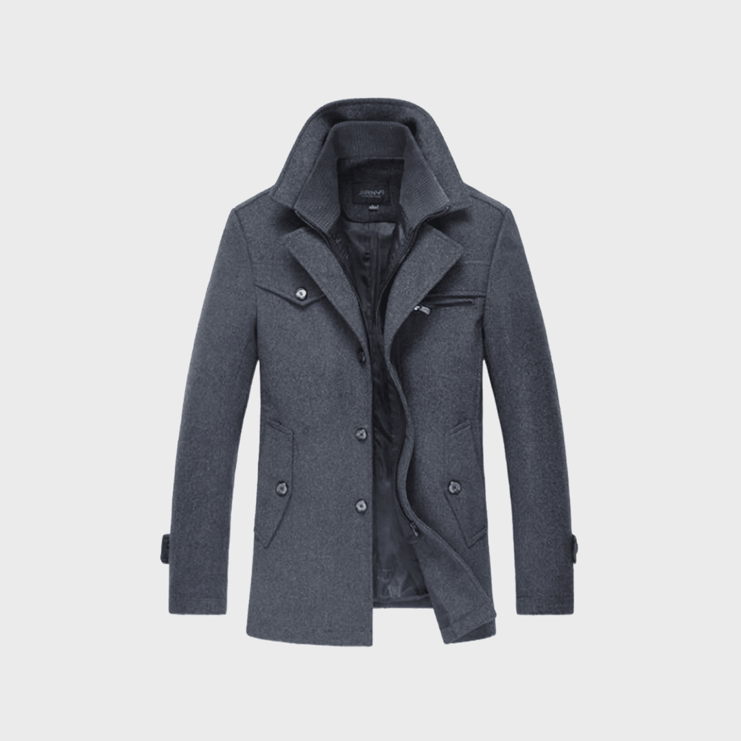 Weston grey peacoat front view with stand collar and flap pockets