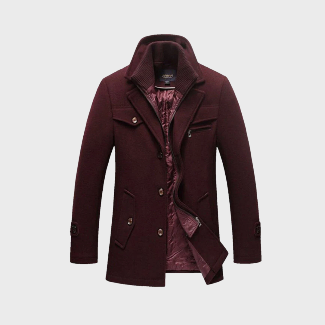 Weston burgundy peacoat front view with button closure and chest pocket