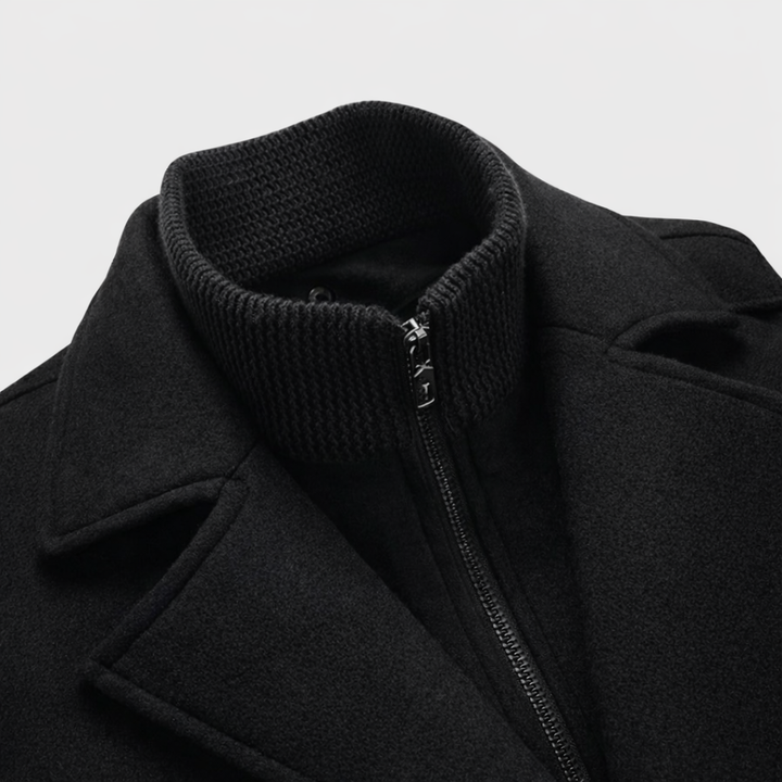Close-up of Weston peacoat knit stand collar and front zipper