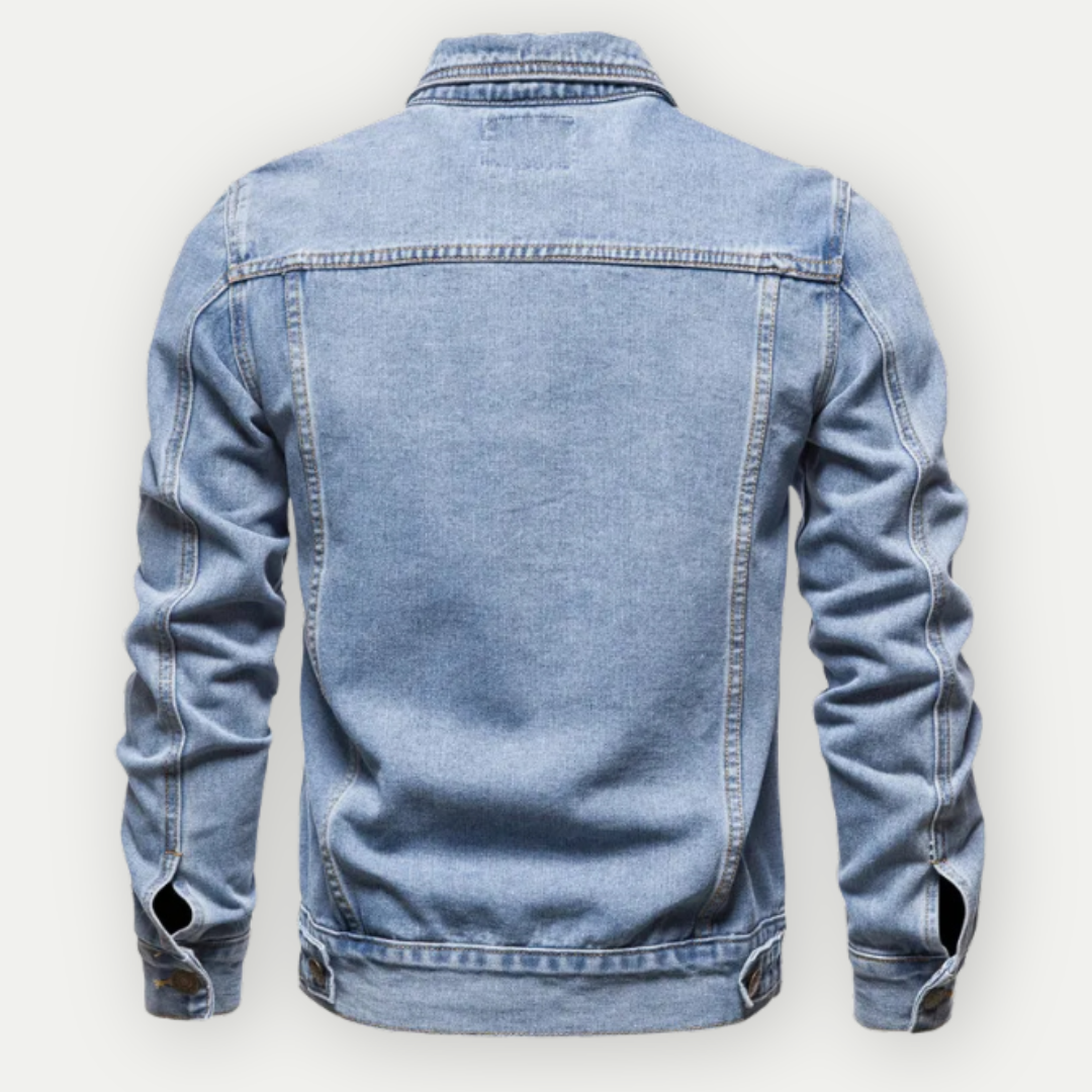 Weston denim trucker jacket in light wash, back view