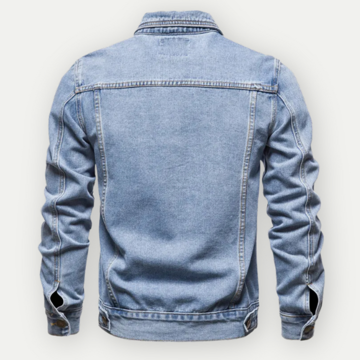Weston denim trucker jacket in light wash, back view