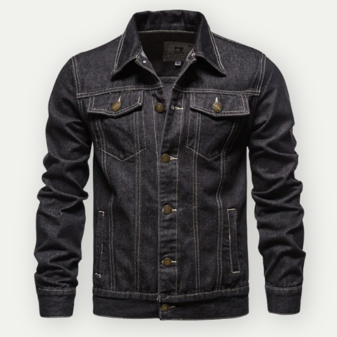 Weston denim trucker jacket in black wash, front view