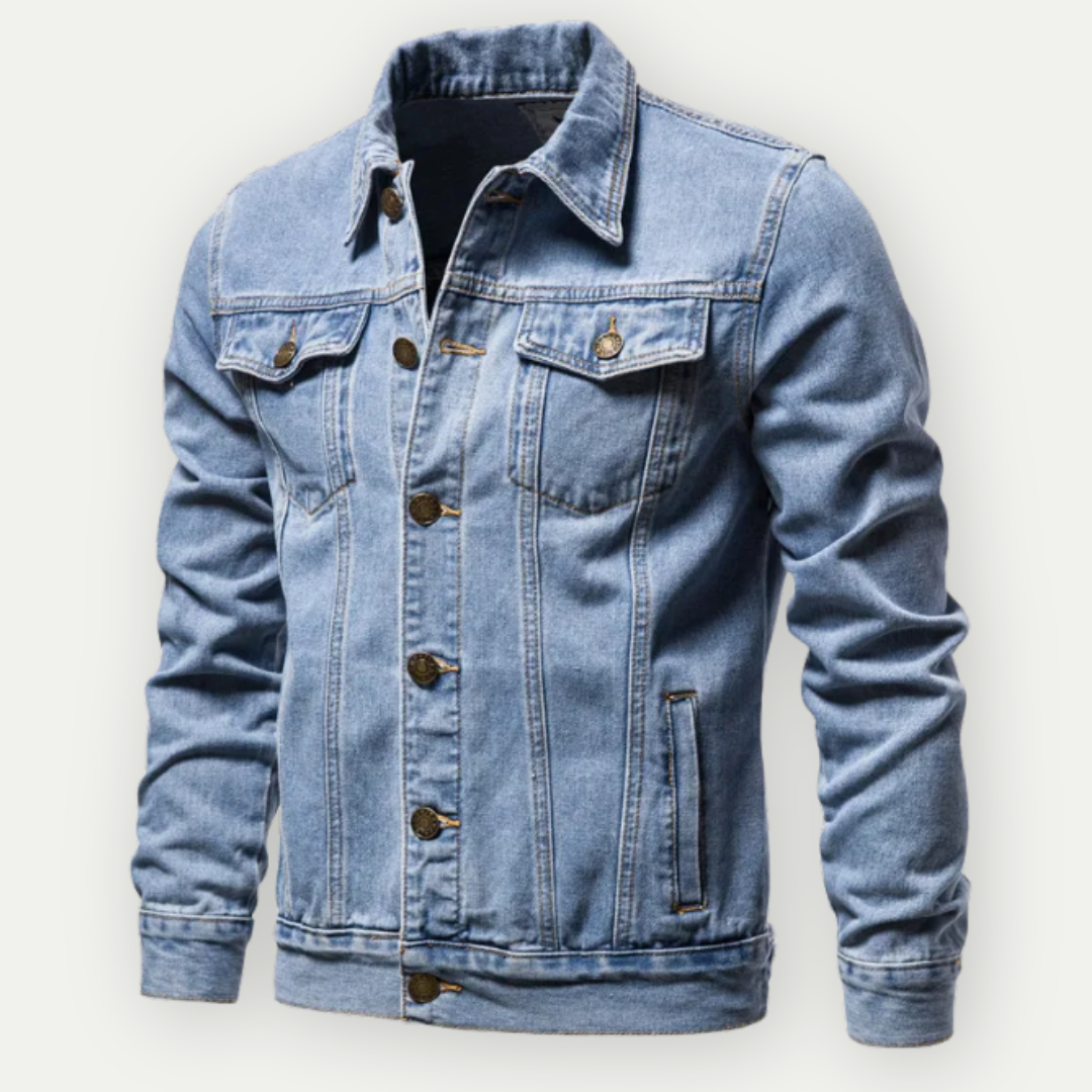 Weston denim trucker jacket in light wash, front view