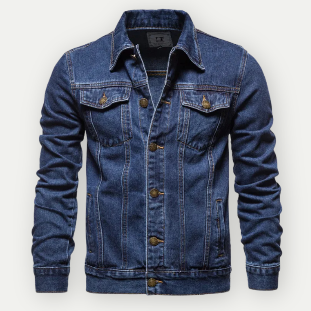 Weston denim trucker jacket in medium wash, front view