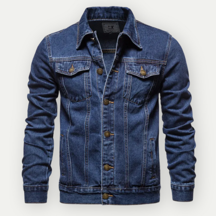 Weston denim trucker jacket in medium wash, front view