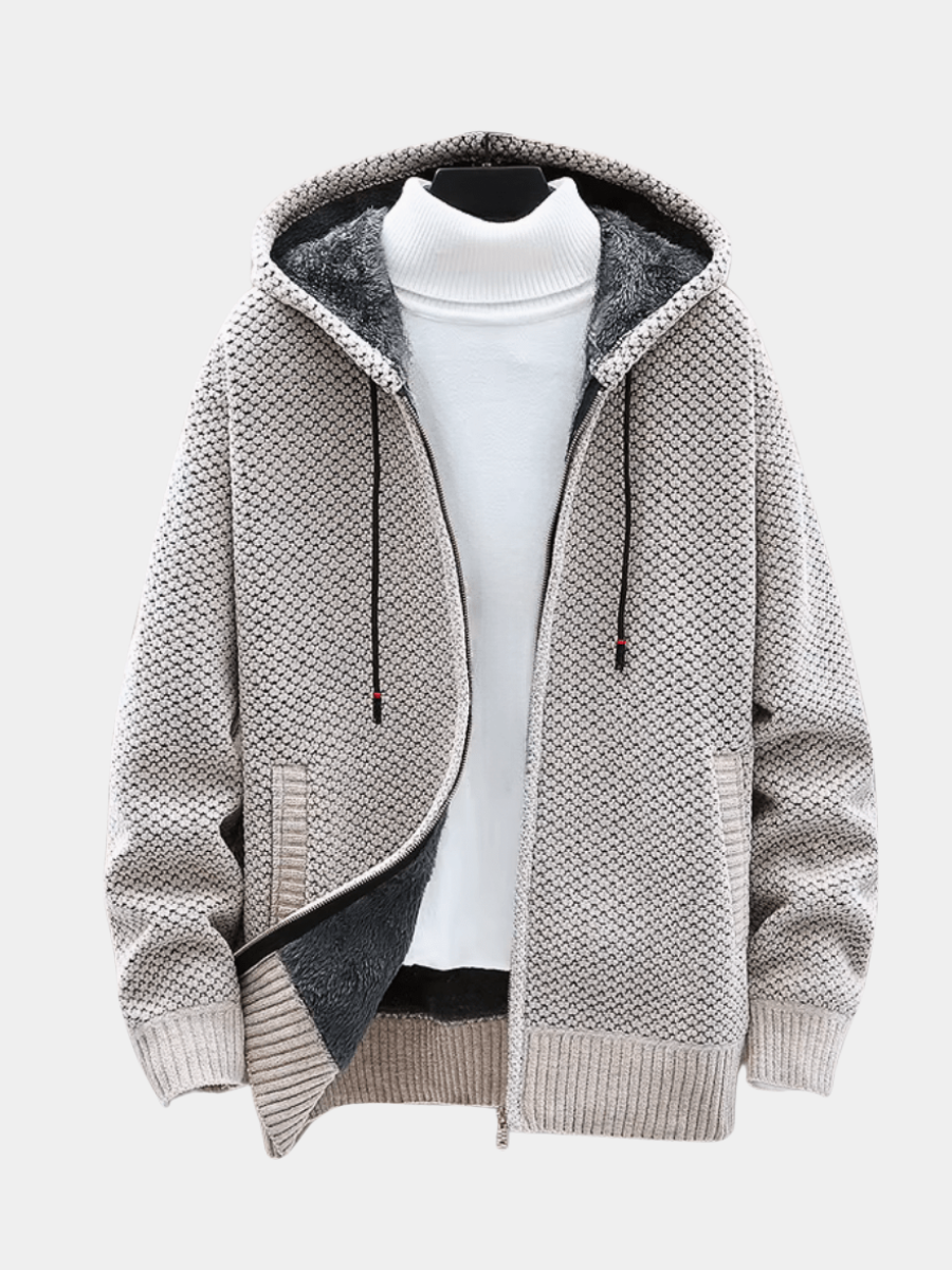 Weston hooded zip-up cardigan in oatmeal, front view with hood up on mannequin