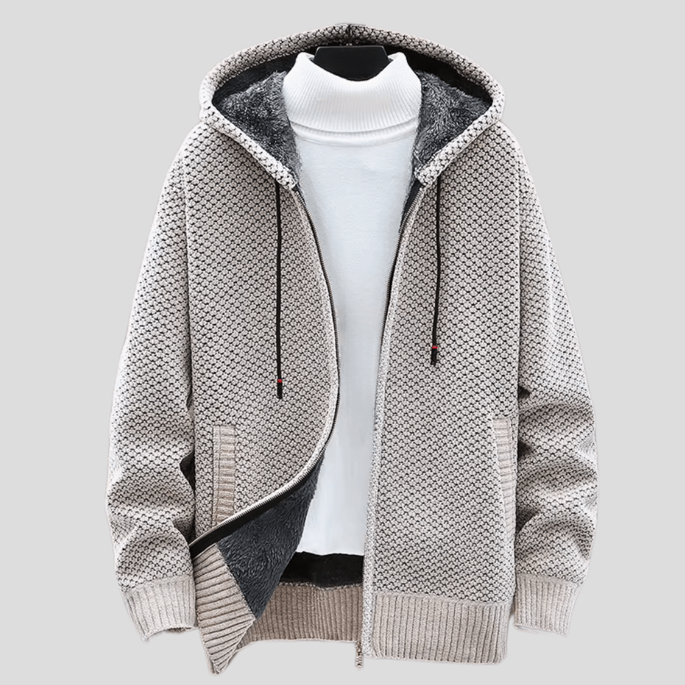 Weston hooded zip-up cardigan in oatmeal, close-up front view showing fleece lining