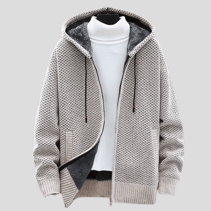 Weston hooded zip-up cardigan in oatmeal, close-up front view showing fleece lining