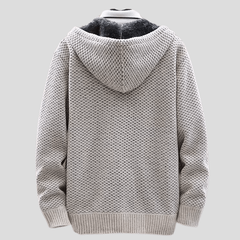 Weston hooded zip-up cardigan in oatmeal, back view showing knit texture