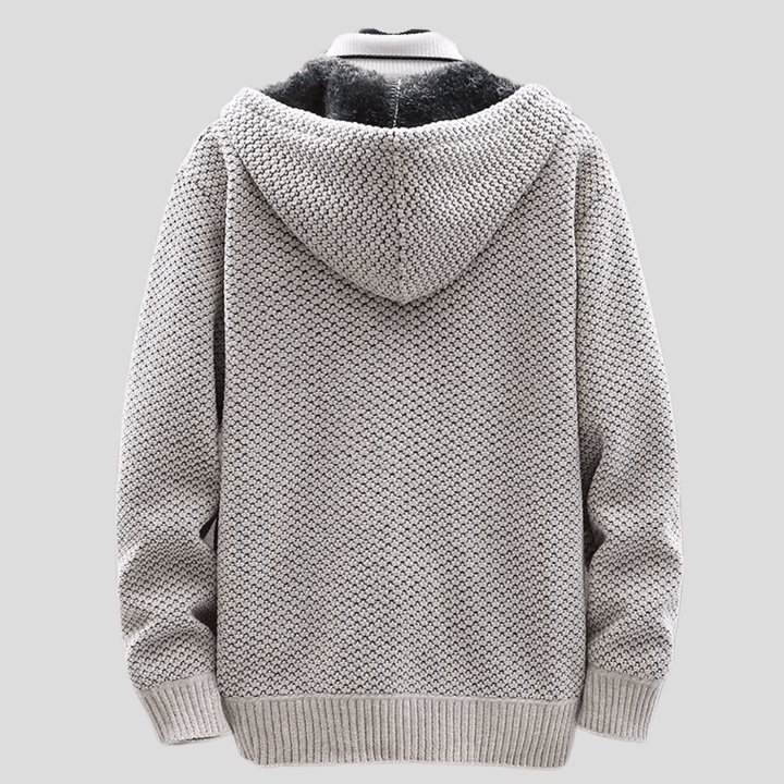 Weston hooded zip-up cardigan in oatmeal, back view showing knit texture