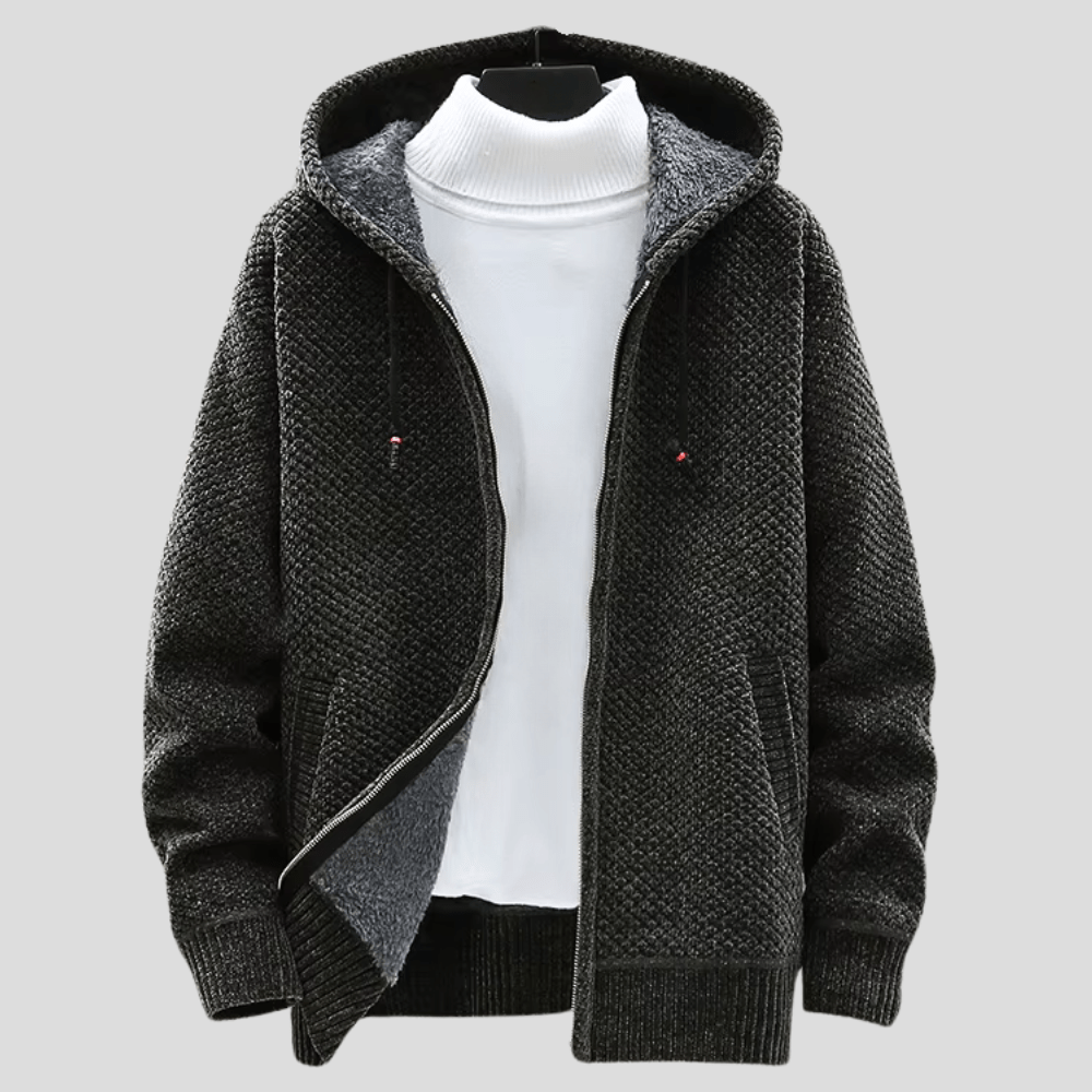 Weston hooded zip-up cardigan in charcoal, front view with zipper open