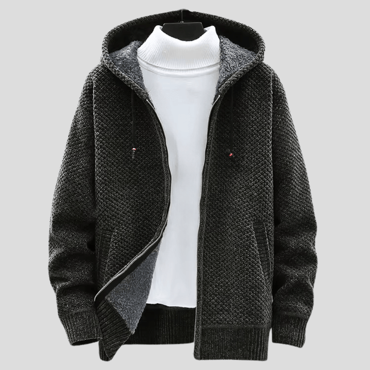 Weston hooded zip-up cardigan in charcoal, front view with zipper open
