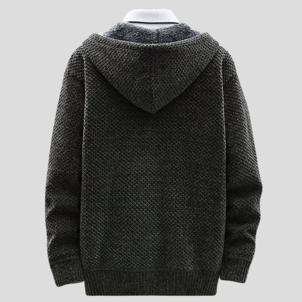 Weston hooded zip-up cardigan in charcoal, back view showing hood