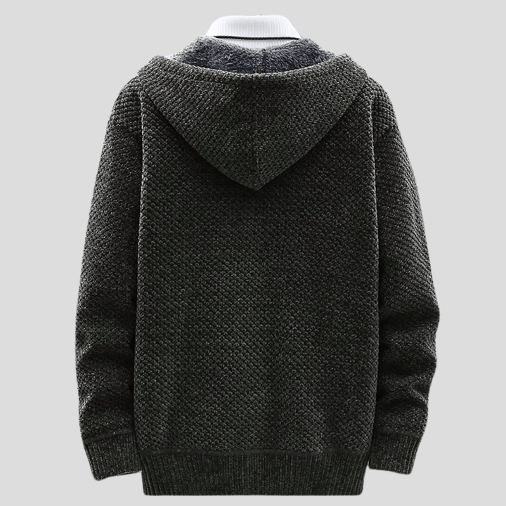 Weston hooded zip-up cardigan in charcoal, back view showing hood