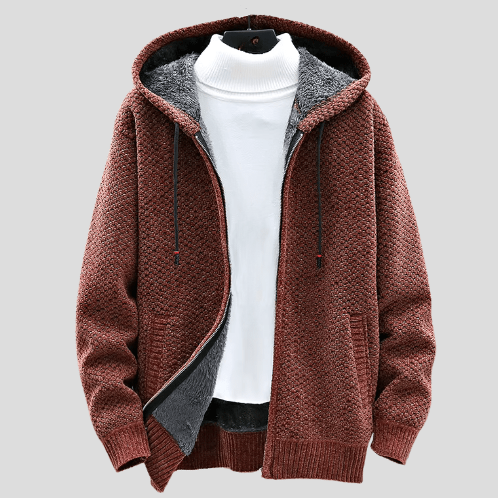 Weston hooded zip-up cardigan in rust, front view with zipper open