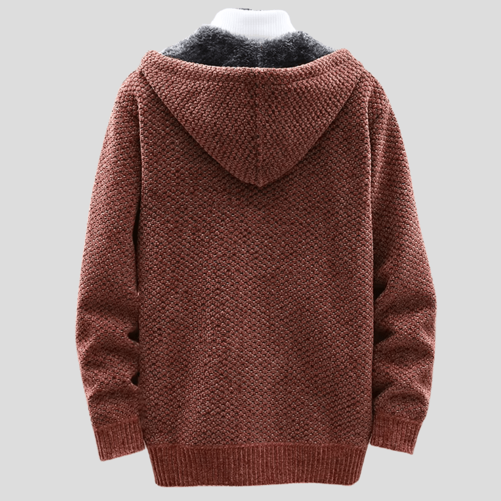 Weston hooded zip-up cardigan in rust, back view showing knit texture