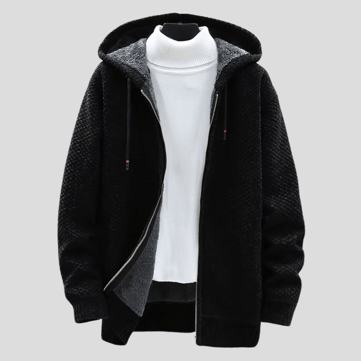 Weston hooded zip-up cardigan in black, front view with zipper open