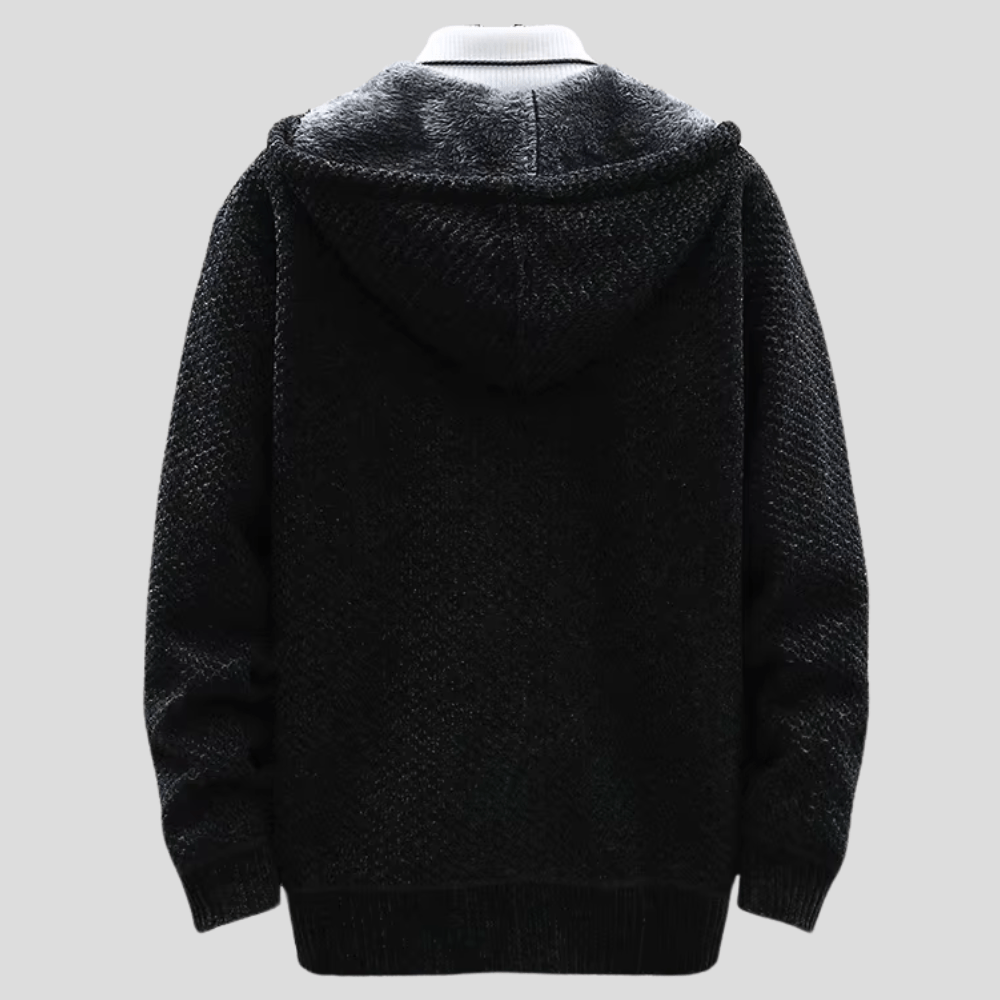 Weston hooded zip-up cardigan in black, back view showing hood