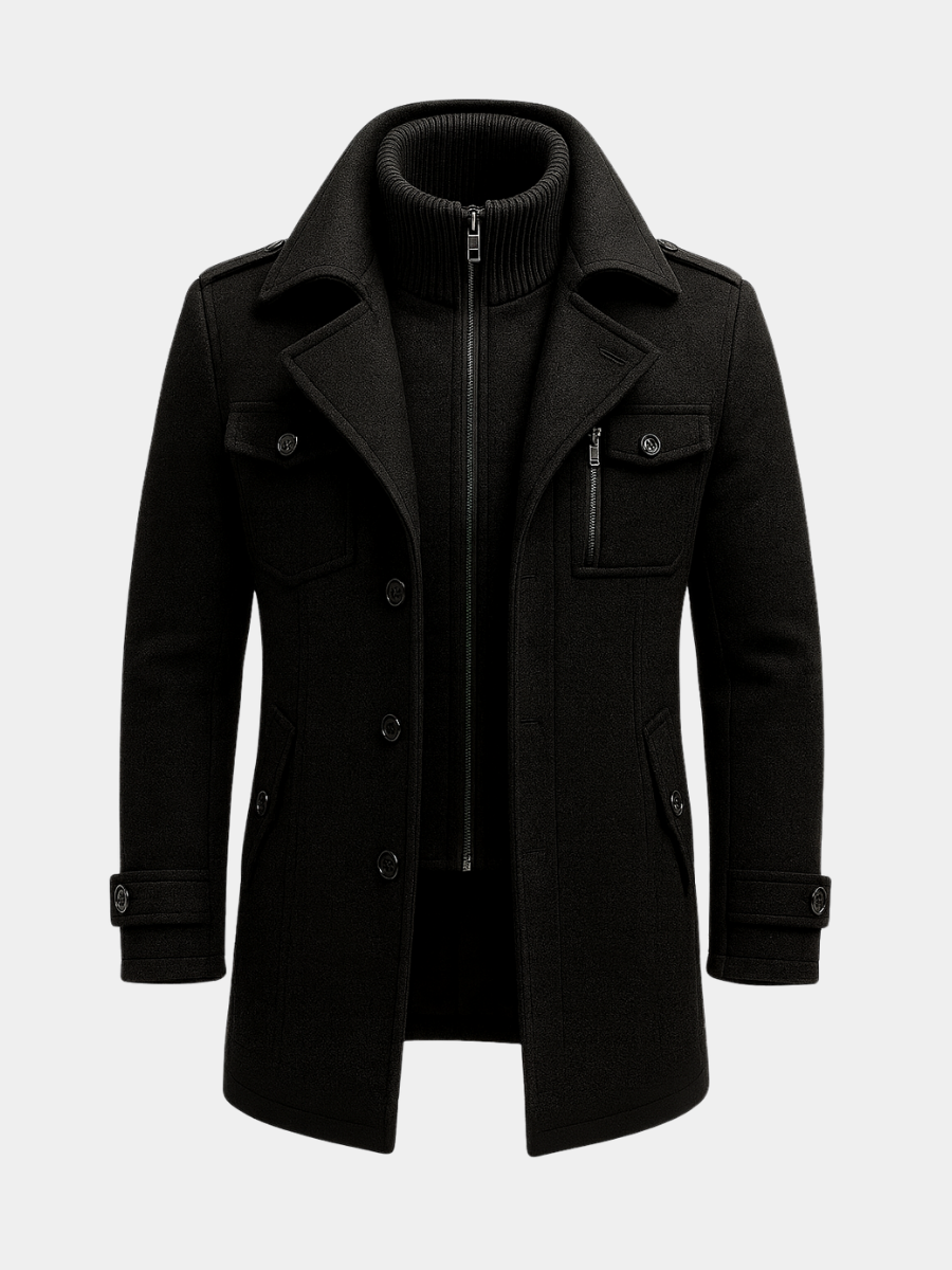 Weston layered peacoat in black, front view with zip-up collar