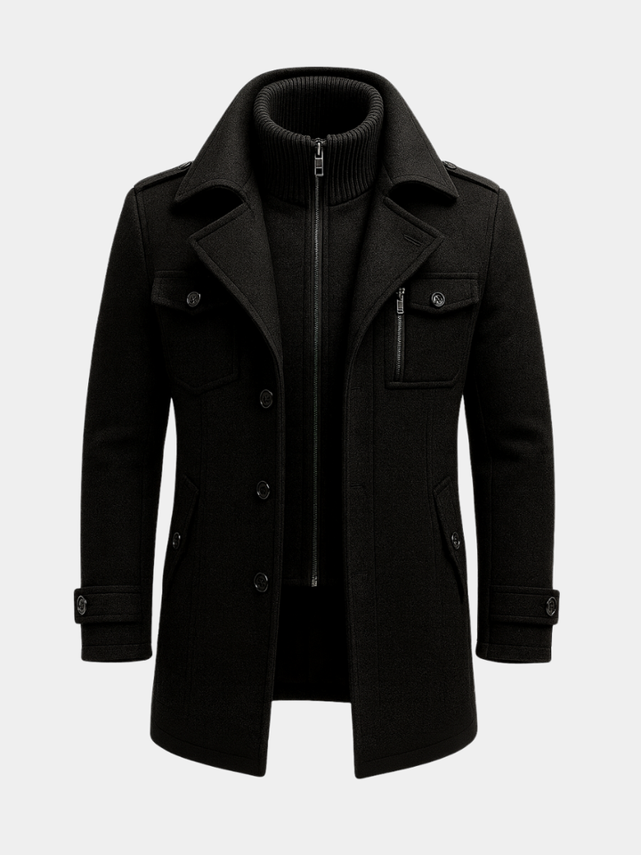 Weston layered peacoat in black, front view with zip-up collar