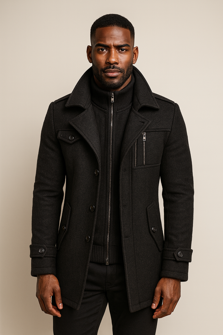 Man wearing Weston black peacoat, front view