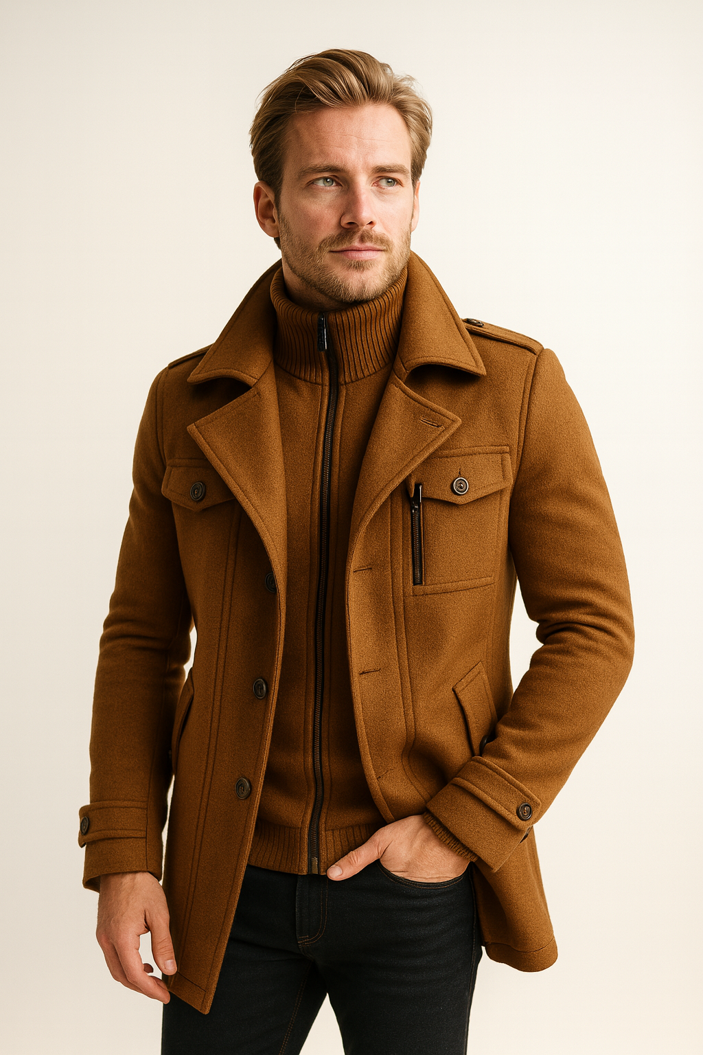 Man wearing Weston brown peacoat with hand in pocket